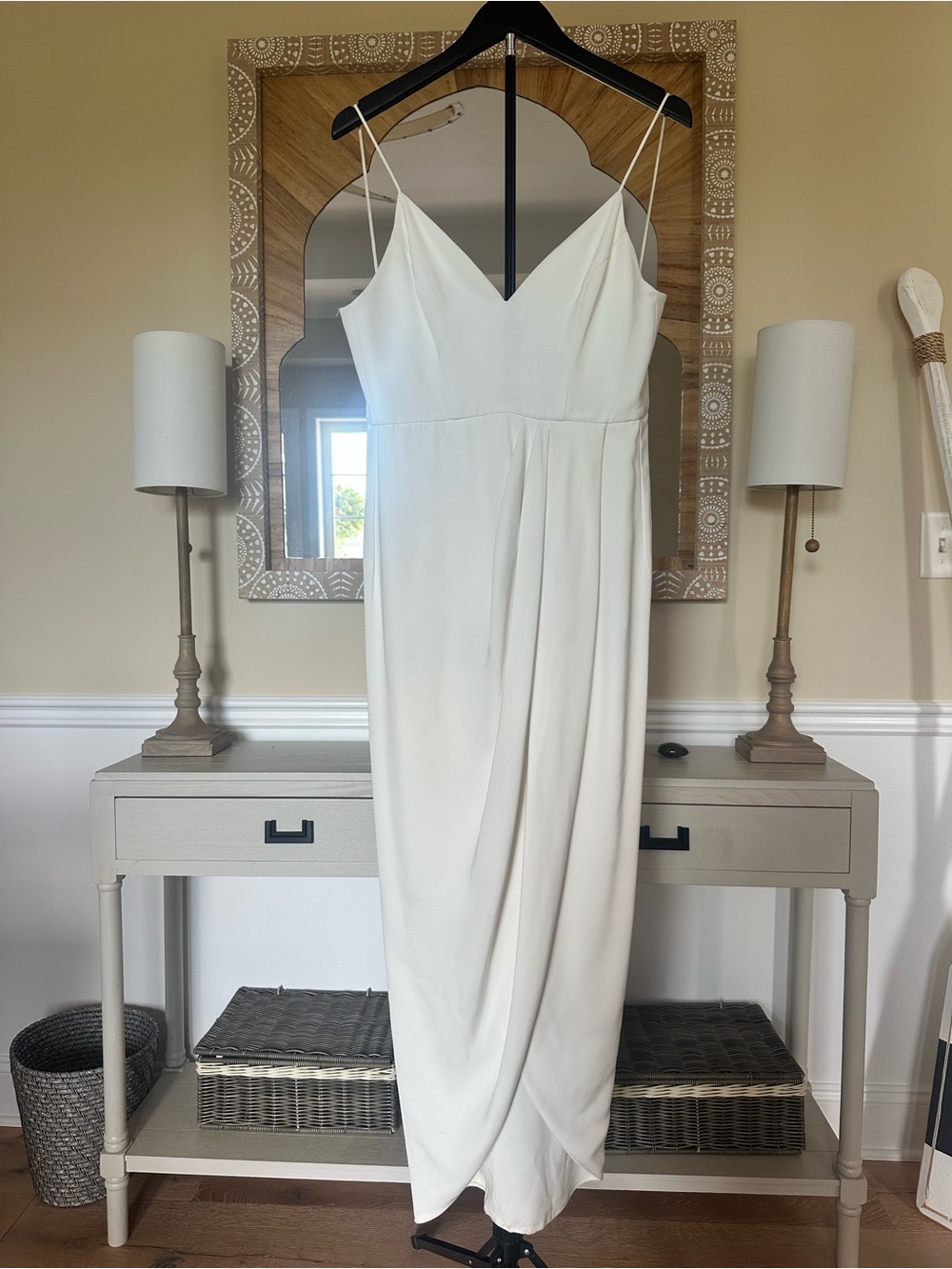 Shona Joy Ivory Strapless V-Neck Draped Midi Dress
